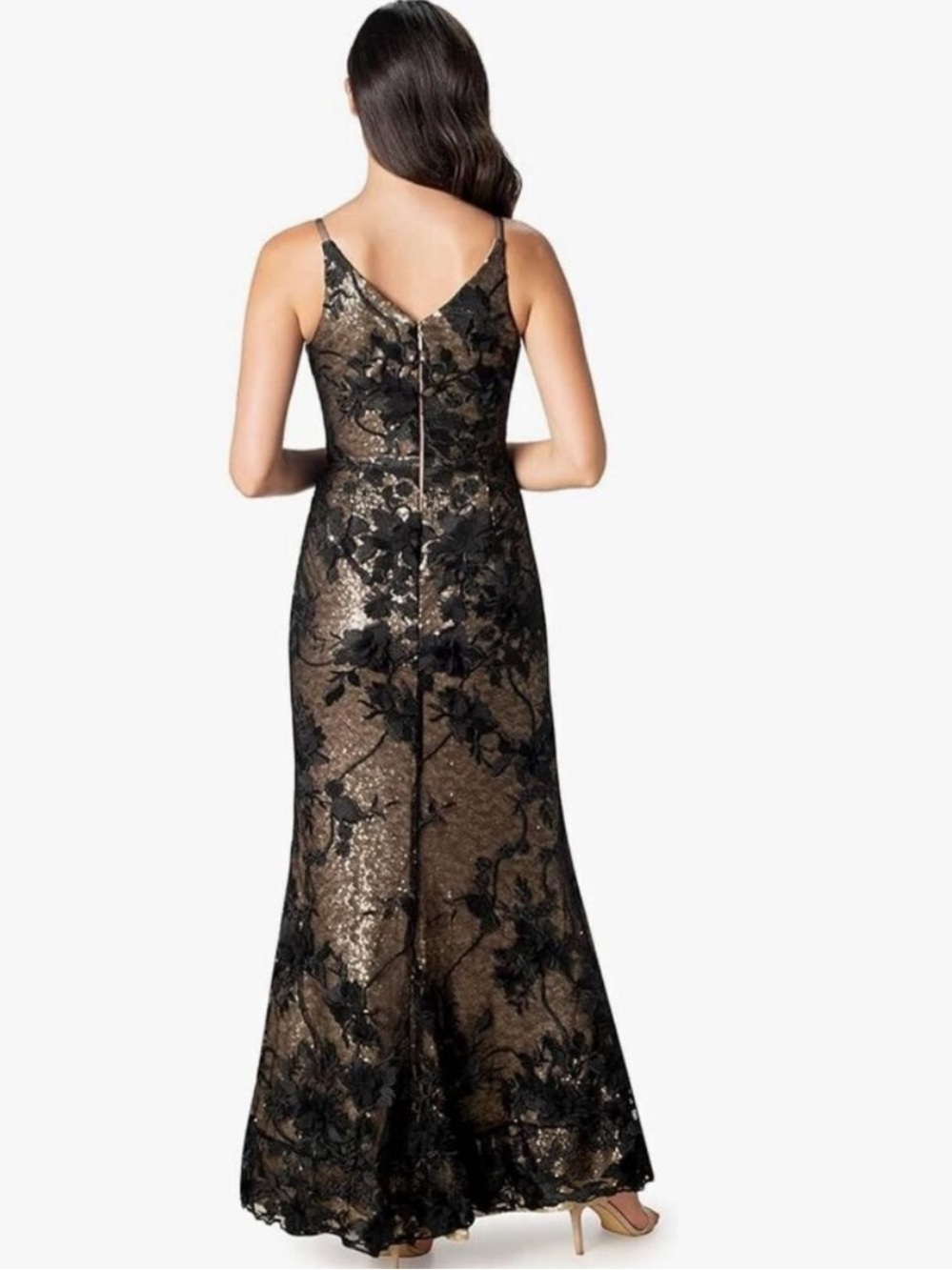 Dress the Population Sharon Gown v Neck, Mermaid black lace gold sequins NWT - Picture 2 of 10